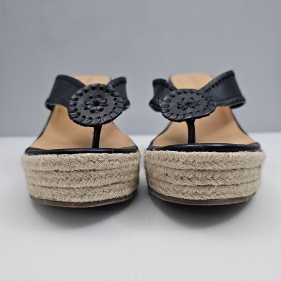 NEW Jack Rogers Rowan Wedge Women 11 Black Leather Thong Jute Sandal Espadrille - Picture 7 of 13